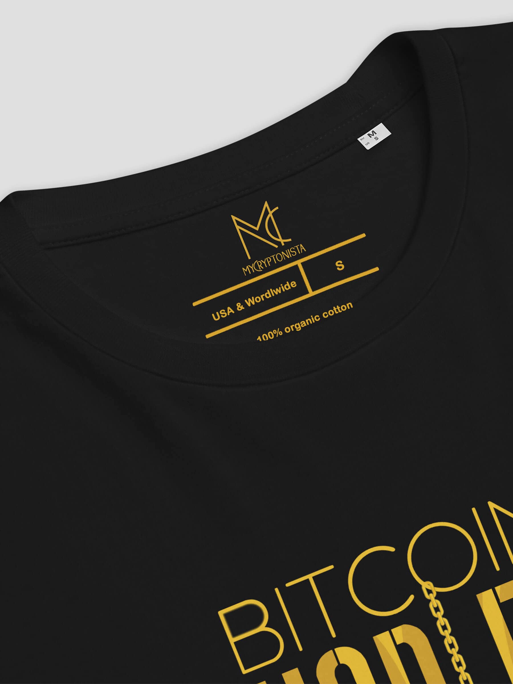 Gold logo and text inside a black cryptocurrency-themed t-shirt.
