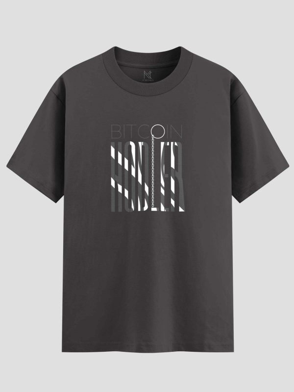 Bitcoin-themed graphic T-shirt with chain illustration and modern text design.
