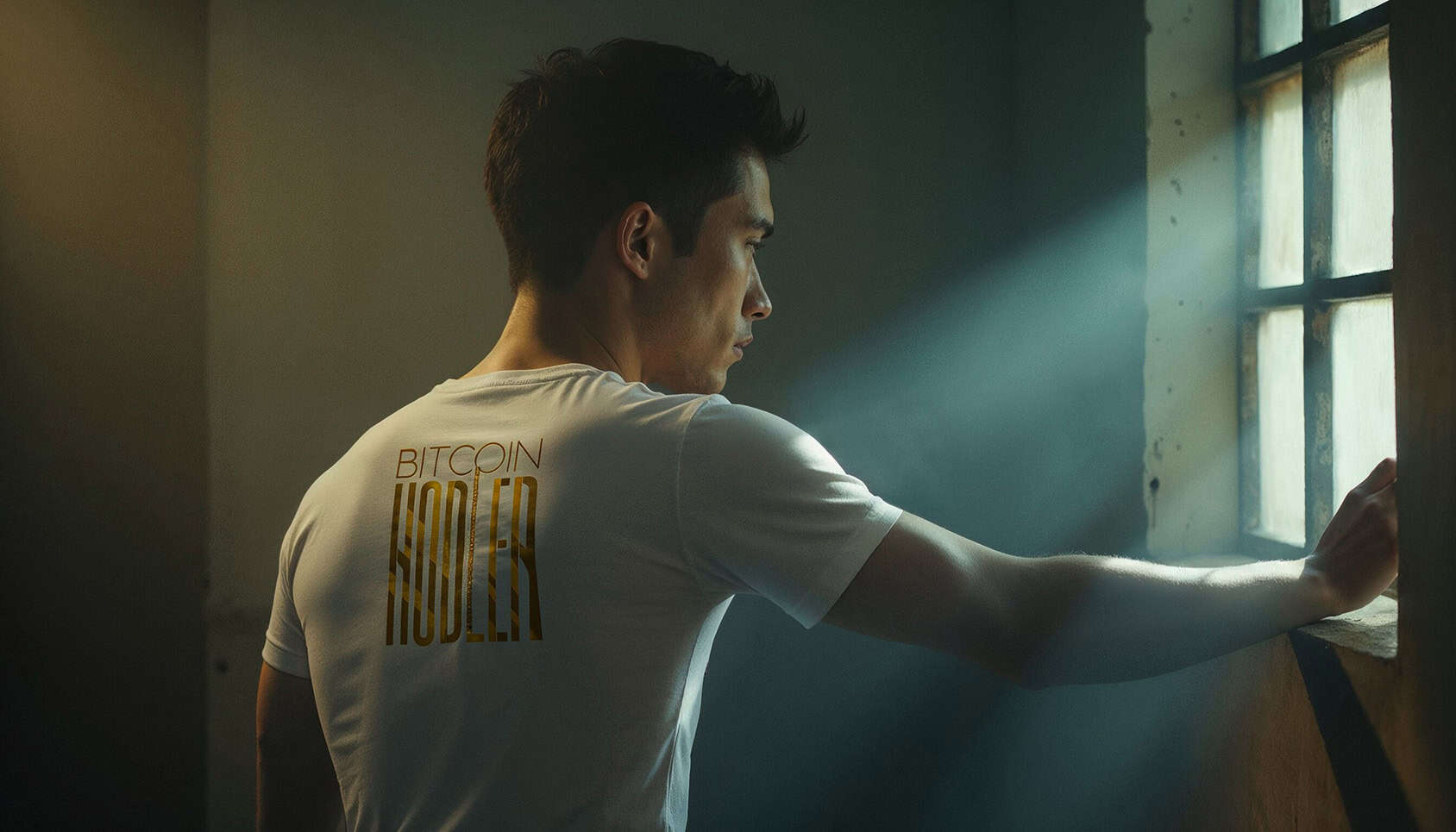 Bitcoin cryptocurrency enthusiast looking out the window with sunlight streaming in.